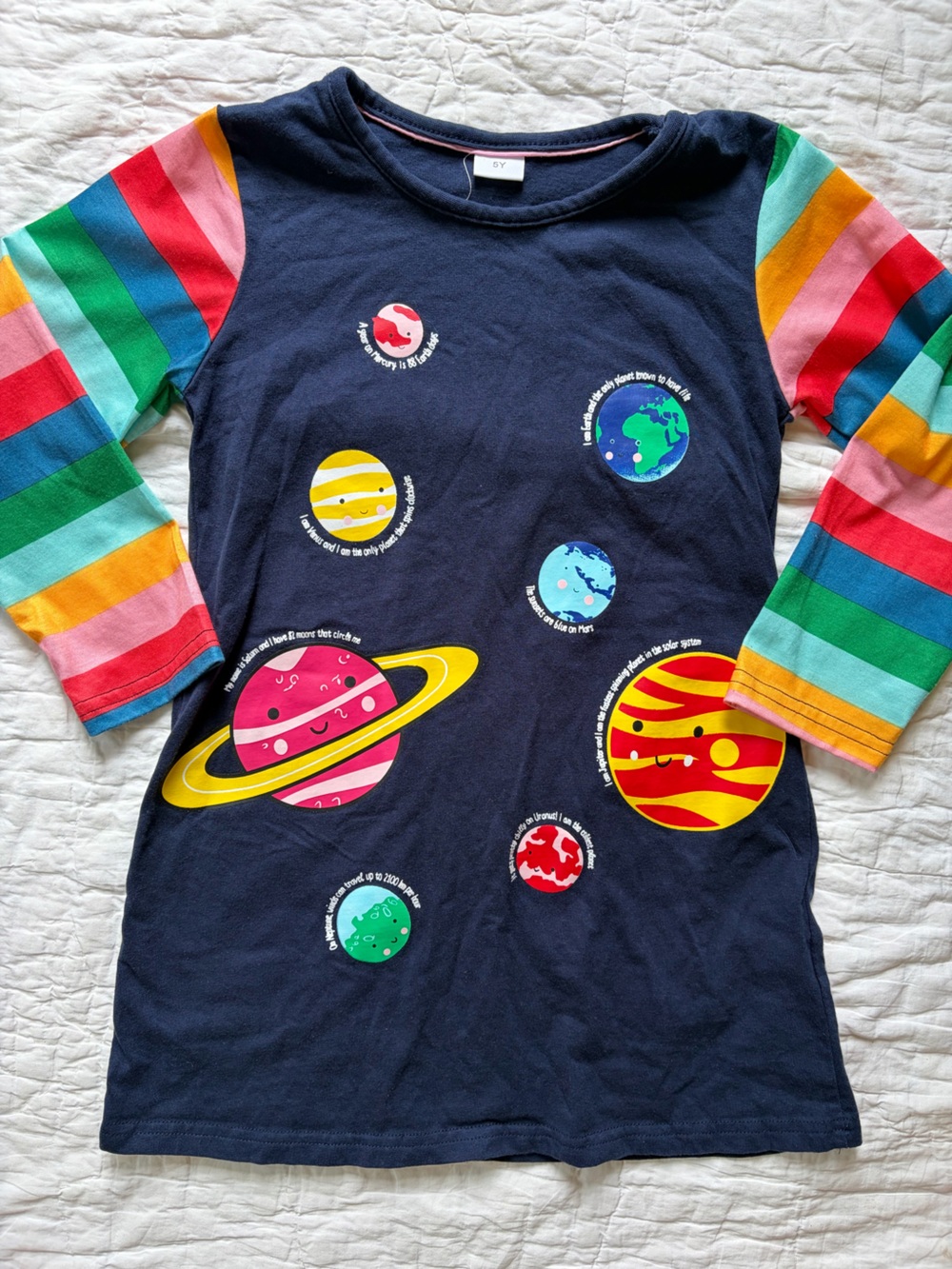 Kids Space Planet Dress with Rainbow Striped Sleeves - 5 years